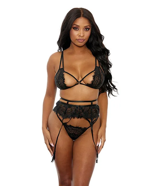 Anal Black Lace Bra Garter Panty Set XL Popsi Lingerie