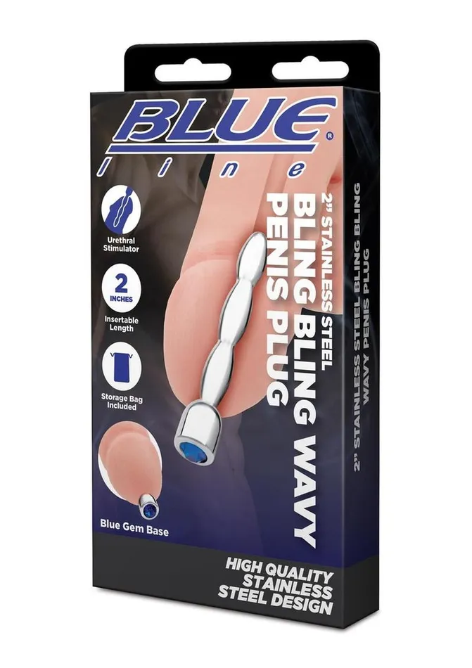 Anal Blue Line CandB Gear Blue Line Bling Bling Wavy Penis Plug 2in Stainless
