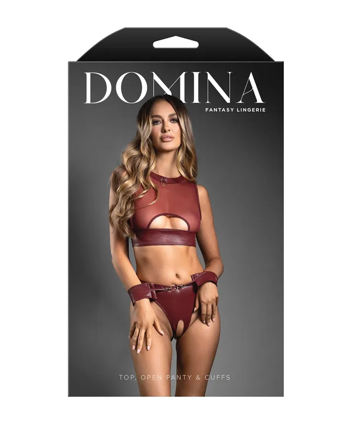 Fantasy Lingerie Male Sex Toys Domina Top Crotchless Panties Handcuffs Burgundy LXL
