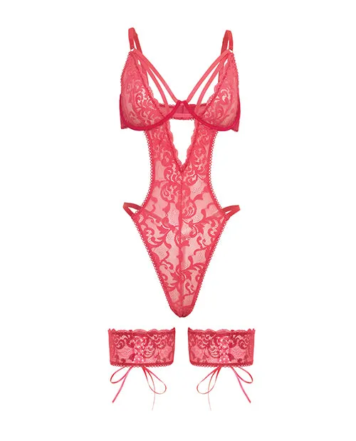 Female Sex Toys Oh La La Cheri Genesis Lace Teddy with Lace Garter Stays Raspberry SM