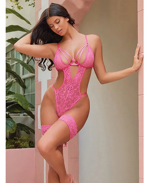 Female Sex Toys Oh La La Cheri Genesis Lace Teddy with Lace Garter Stays Raspberry SM