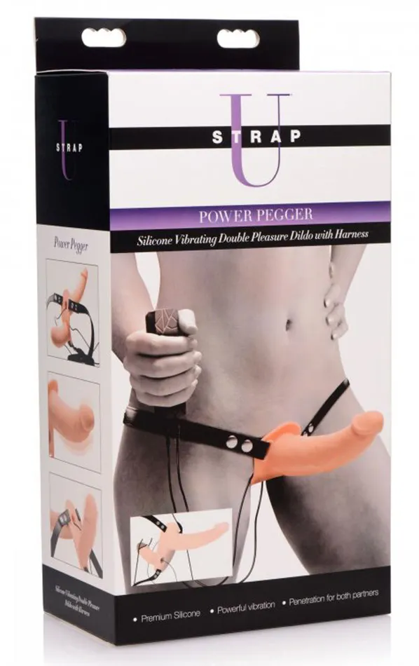 Female Sex Toys StrapU StrapU Power Pegger Silicone Vibrating Double Dildo w Harness