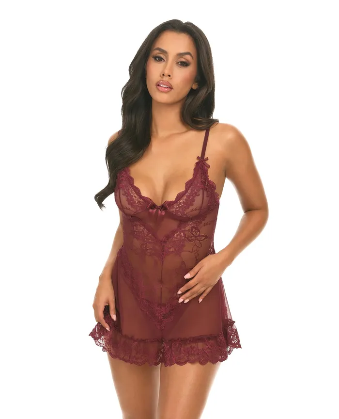 Oh La La Cheri Male Sex Toys Valentine Lacey Babydoll GString Zinfandel Medium