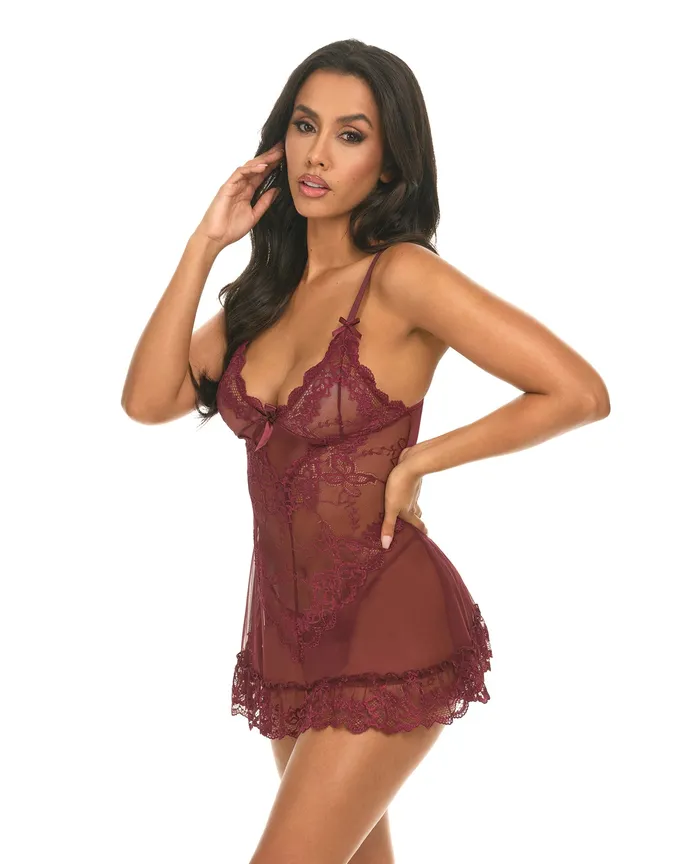 Oh La La Cheri Male Sex Toys Valentine Lacey Babydoll GString Zinfandel Medium
