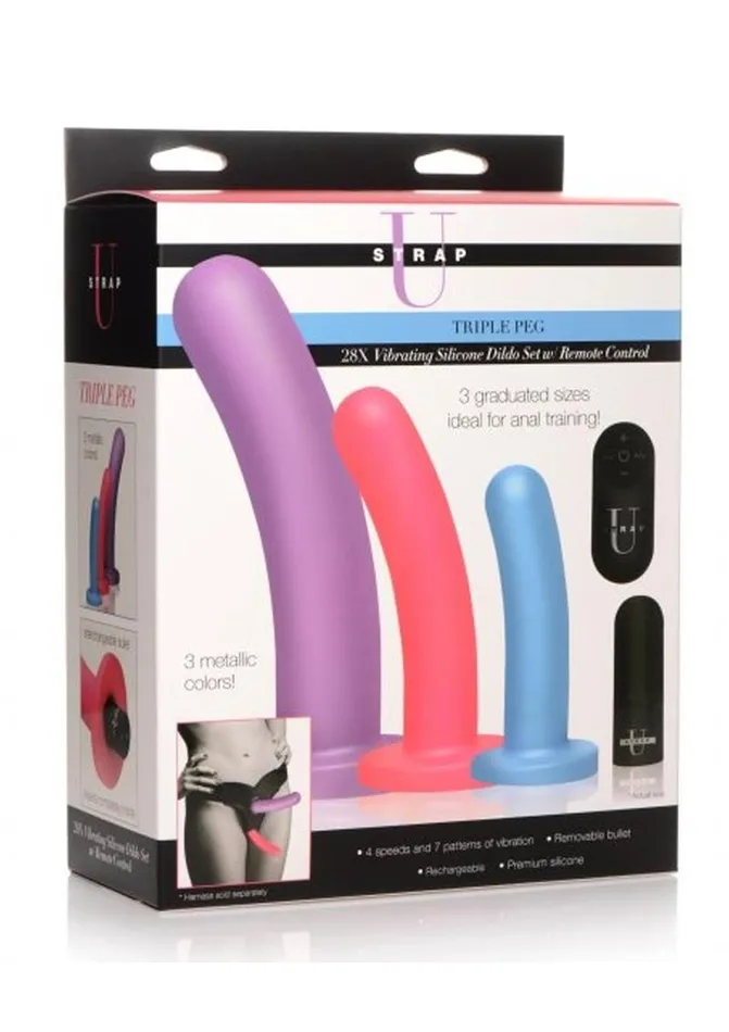 STRAP U Female Sex Toys Strap U Triple Peg 28x Vibrating Rechargeable Silicone Dildo Set with Remote Control